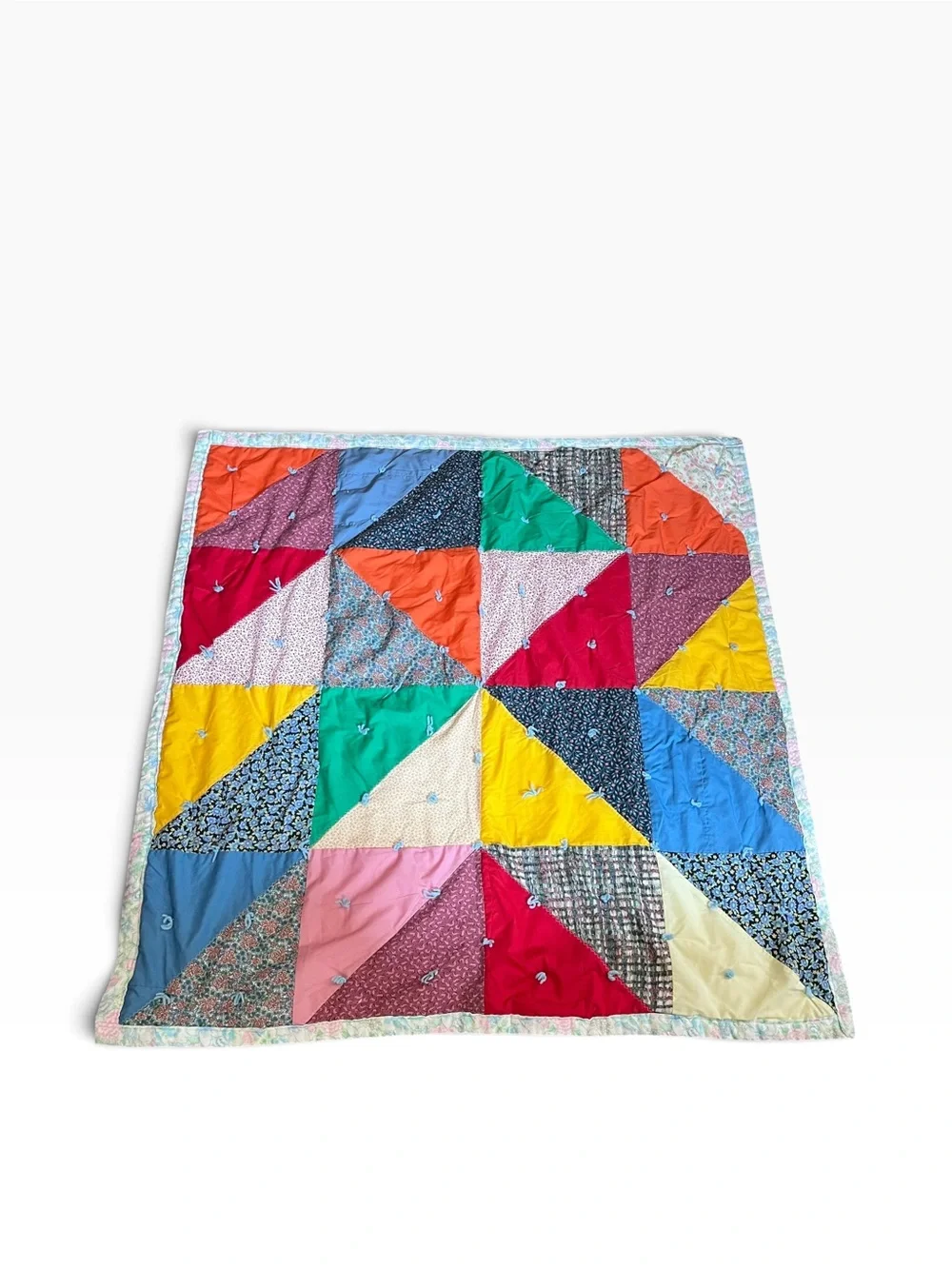 Patchwork Baby Quilt Square Triangles Multicolor Handmade 46”x46” Lap Blanket